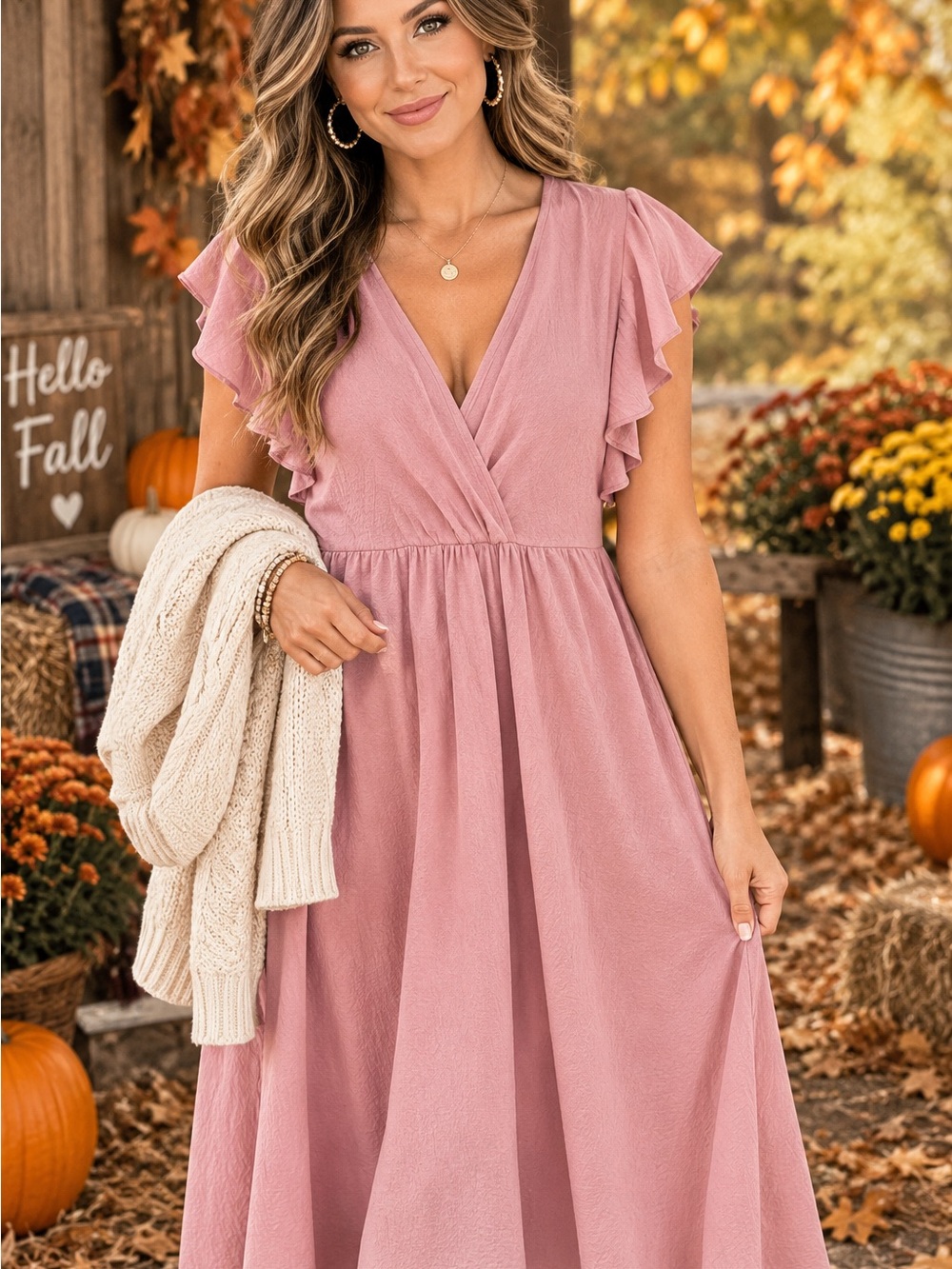SHEIN Dusty Pink Tiered Flutter Sleeve V-Neck Maxi Dress